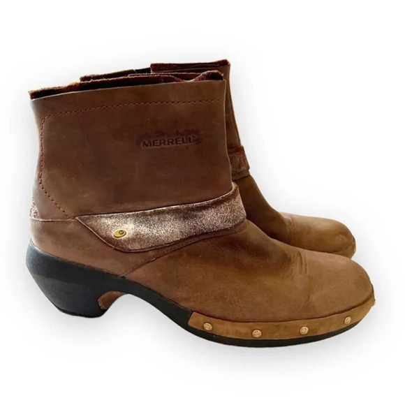 Merrell Luxe Mid 5” Ankle Boot Brown Leather Women’s Size 7.5 Brushed Metallic - Picture 1 of 12